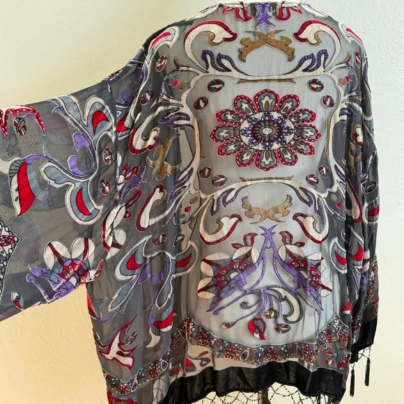 Vtg J.B.S. Silk Burnout Velvet Kimono Beaded Fringe Boho Whimsigoth - Picture 3 of 8